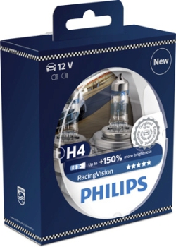 PHILIPS Glühbirne H4 Racing Vision +150% I 12V 55/60W I 3500K - Set, 2 Stück